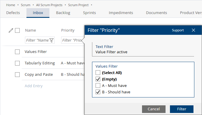 Screenshot Filtering in Columns