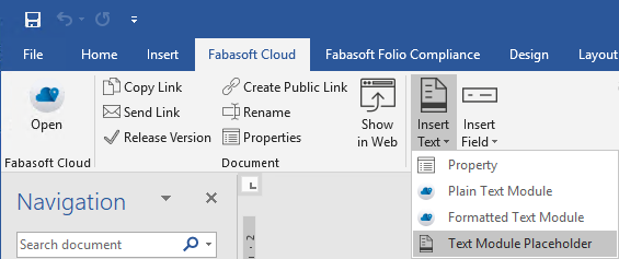 Screenshot Text Module Placeholders in Fabasoft Cloud Template Management
