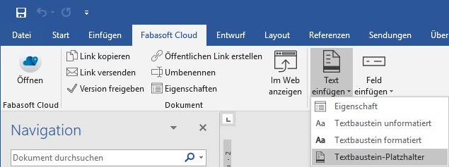 Screenshot Textbaustein Platzhalter in der Vorlagenmanagement App