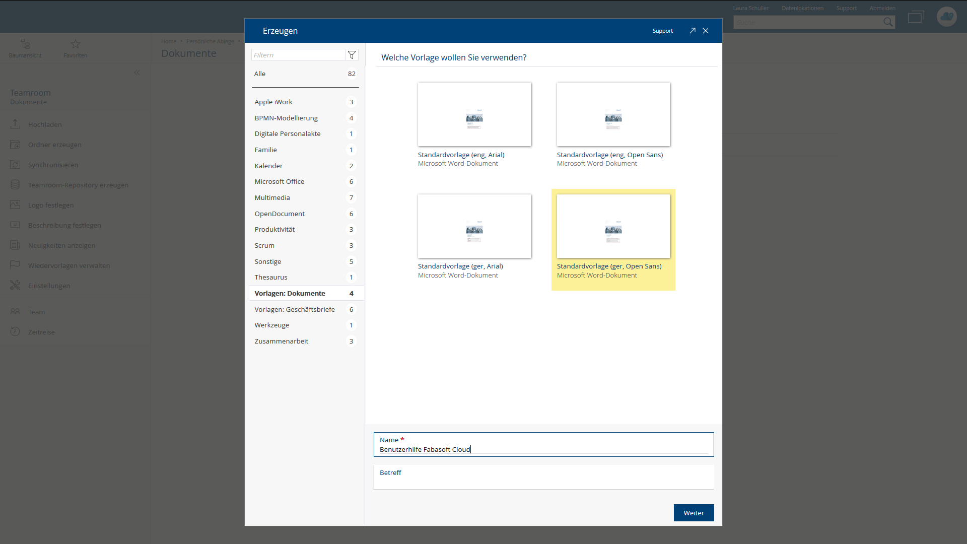 Screenshot Fabasoft Cloud Vorlage auswählen