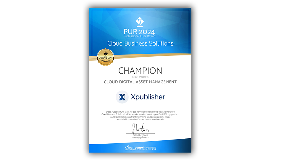 Urkunde für den Cloud DAM Champion Xpublisher