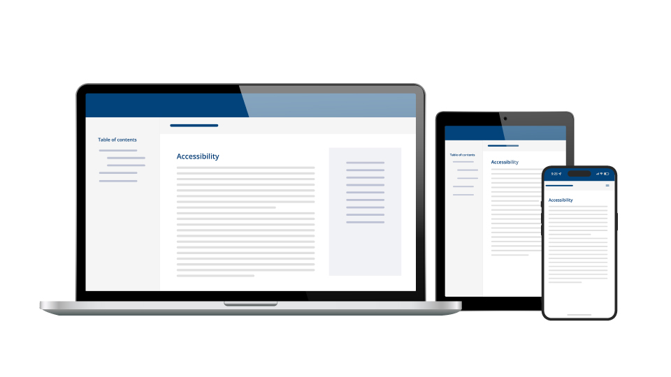 Illustration of software documentation on various channels and devices, such as laptop, tablet and smartphone.