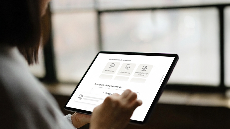 Person arbeitet auf einem Tablet mit Fabasoft Contracts, einer digitalen Vertragsverwaltungssoftware, und lädt Dokumente per Drag-and-Drop hoch.