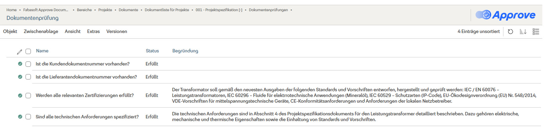 Darstellung der KI-Prüfergebnisse inklusive Begründungen
