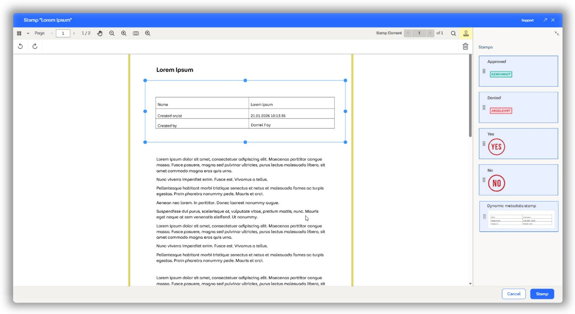 Dynamic metadata stamp that is automatically filled with information.