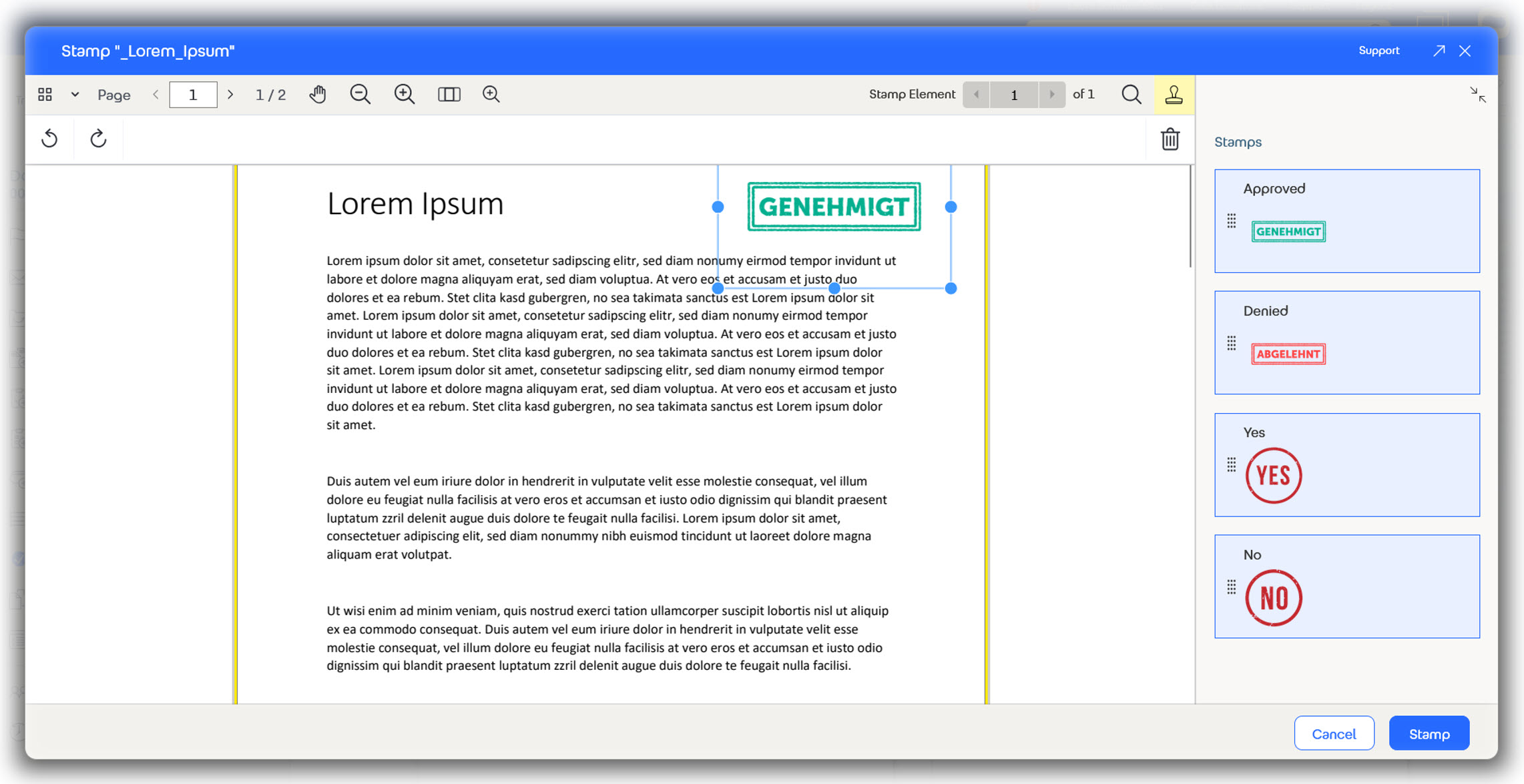 Example of a static stamp with fixed image content