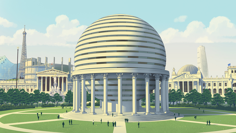 Illustration Futuristisches Parlament mit europäischen Gebäuden im Hintergrund