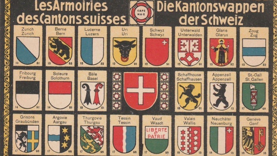 Alte Postkarte mit Kantonswappen der Schweiz
