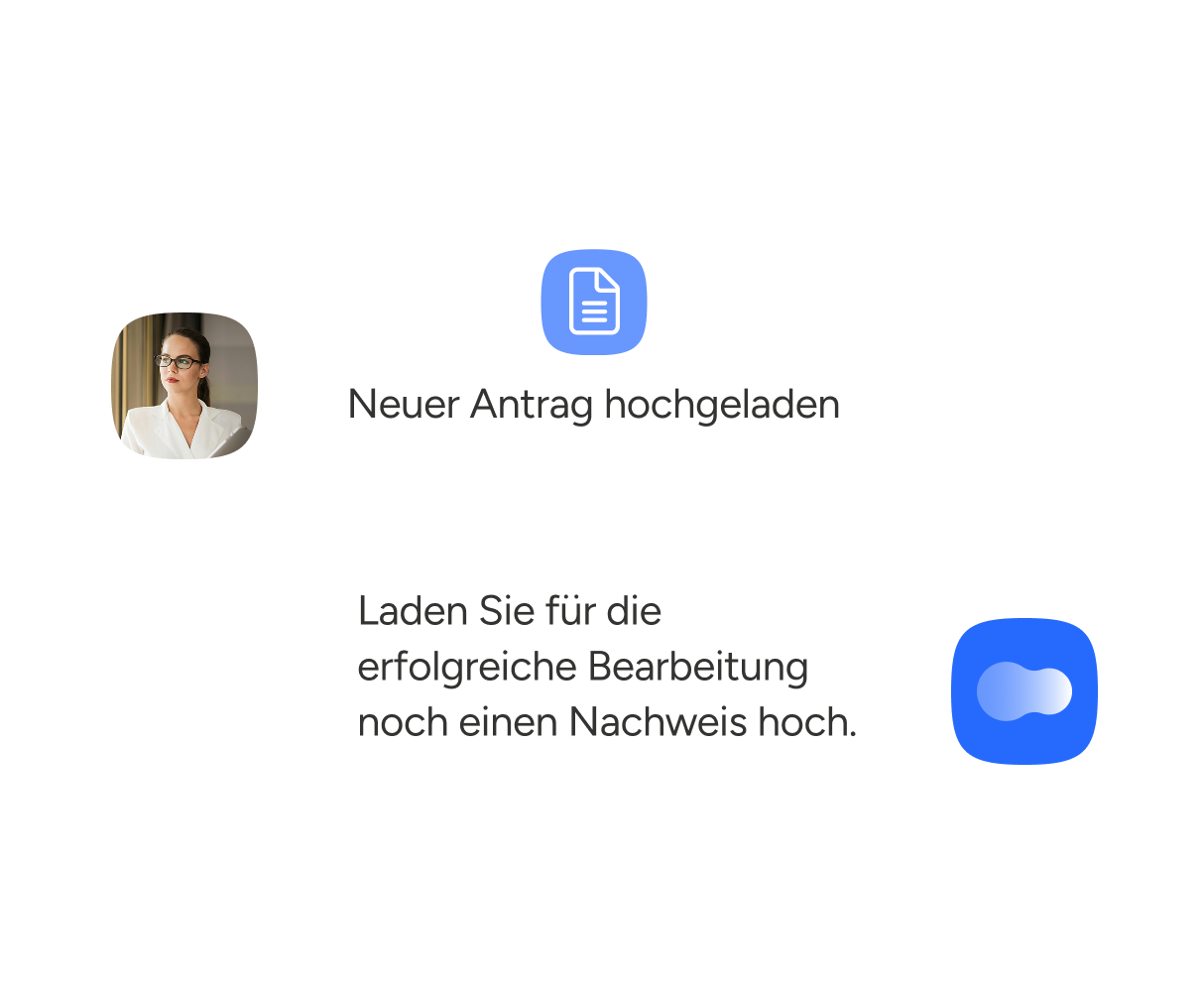 Eine reduzierte Grafik, die einen digitalen Kommunikationsprozess zeigt: Links oben ist das Porträt einer Frau zu sehen, daneben ein blaues Dokumenten-Icon mit dem Text „Neuer Antrag hochgeladen“. Darunter erscheint die Systemnachfrage „Laden Sie für die erfolgreiche Bearbeitung noch einen Nachweis hoch“, ergänzt durch einen blauen Button rechts unten. Die Darstellung illustriert eine automatisierte Benutzerführung bei der Antragsstellung.