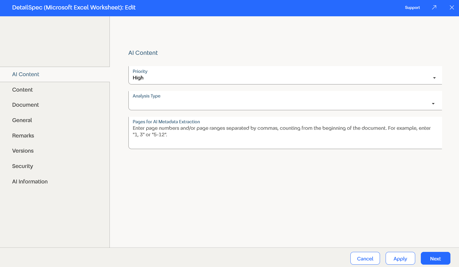 AI form for the data objects