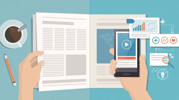 Illustrierte Darstellung eines wissenschaftlichen Magazins mit Smartphone und verschiedenen wissenschaftlichen Symbolen
