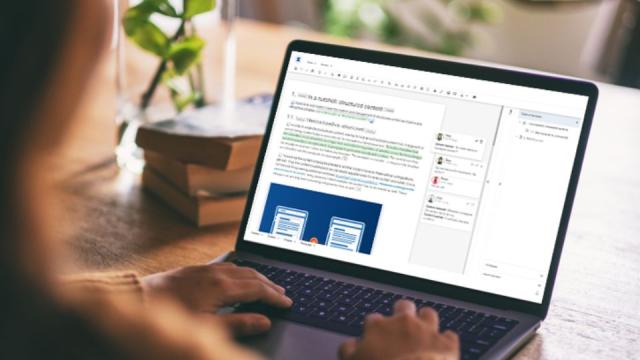 Frau sitzt vor ihrem Laptop, auf dem die intuitive Benutzeroberfläche von Xeditor zu sehen ist