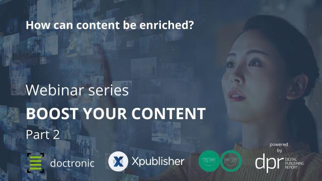 Cover image for the second webinar in the Boost your Content series. In the background is a woman tapping her fingers on a virtual dashboard