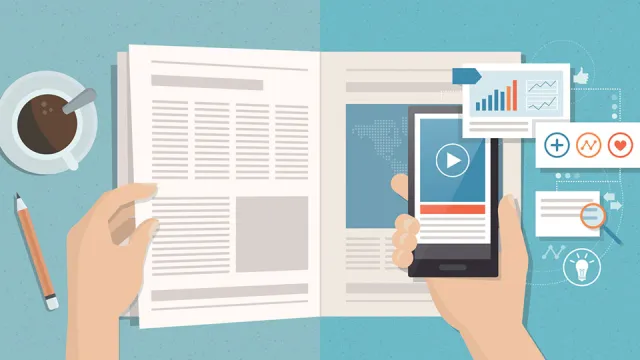 Illustrated representation of a scientific magazine with smartphone and various scientific symbols