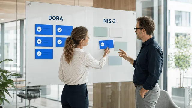 Zwei Personen arbeiten an DORA und NIS-2
