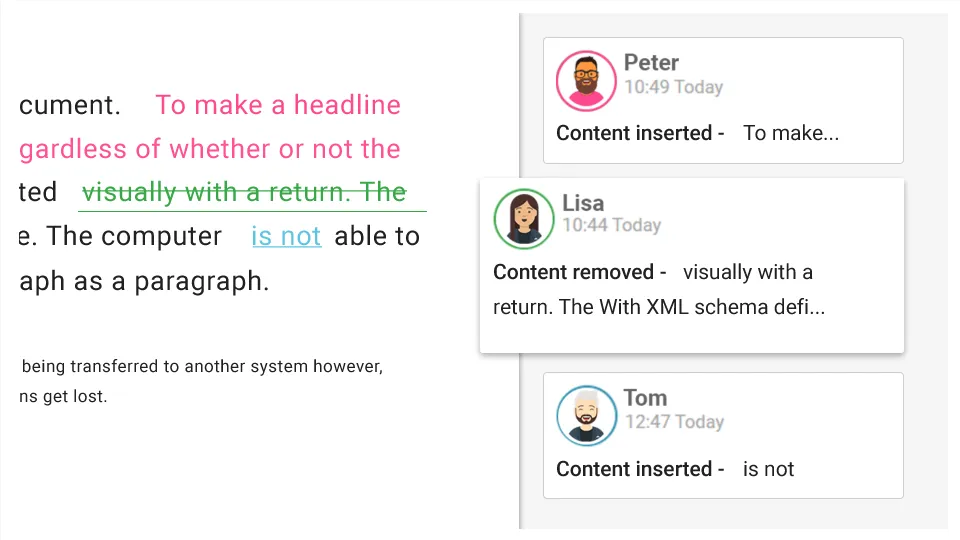 Display change tracking and commenting function in online collaboration during content  creation